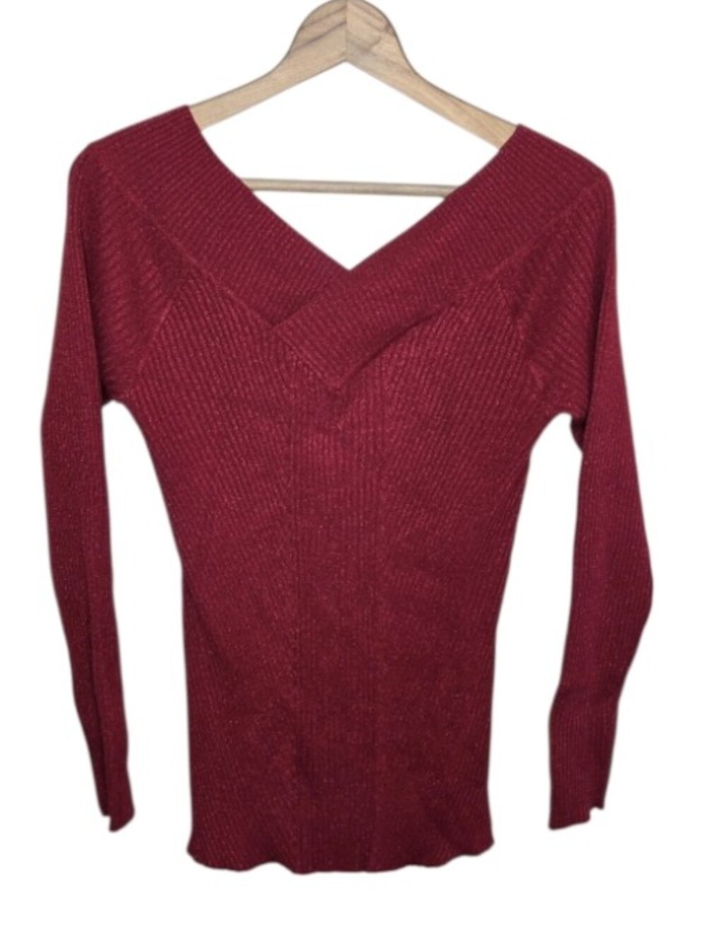 Candie's Cherry Red Ribbed Crossover V-neck Sparkle Shimmer Sweater Size XL